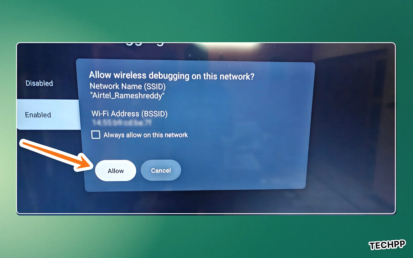 Allow wireless debugging popup prompt on Android TV