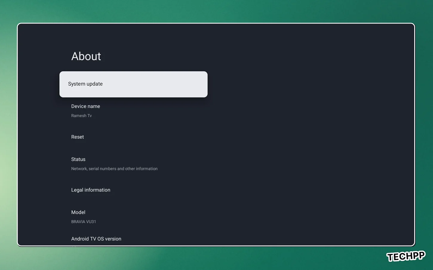 Android TV Settings About screen